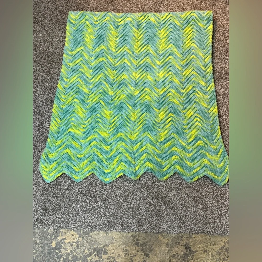 Handcrafted 66 x 29 Inch Chevron Afghan Multicolored Green with Yellow - New